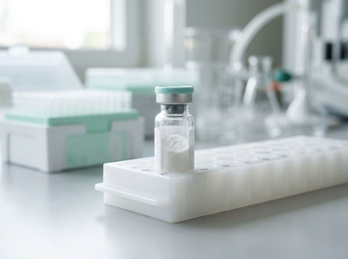 Research peptide vials arranged on a laboratory bench for analytical comparison