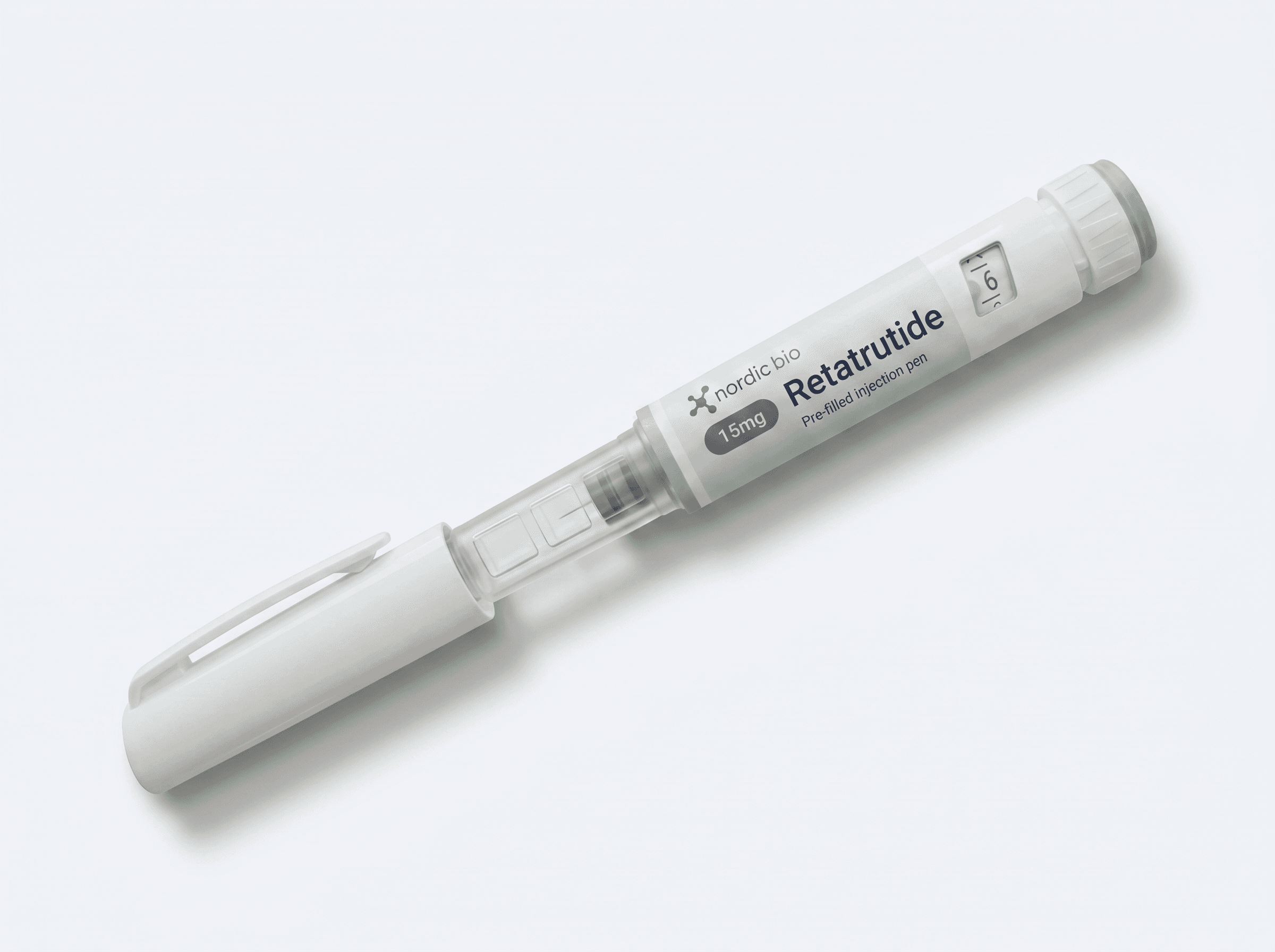NorexBio Retatrutide pre-filled research pen, 15 mg, three-quarter view